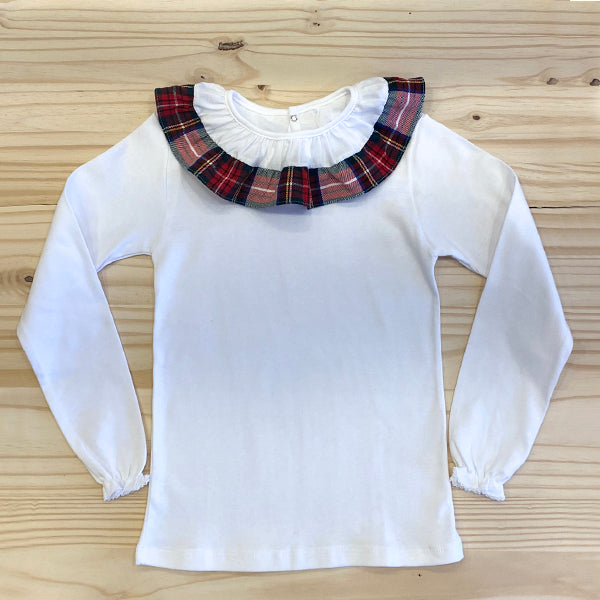 Camisola de gola xadrez branco- Jardineira Menina