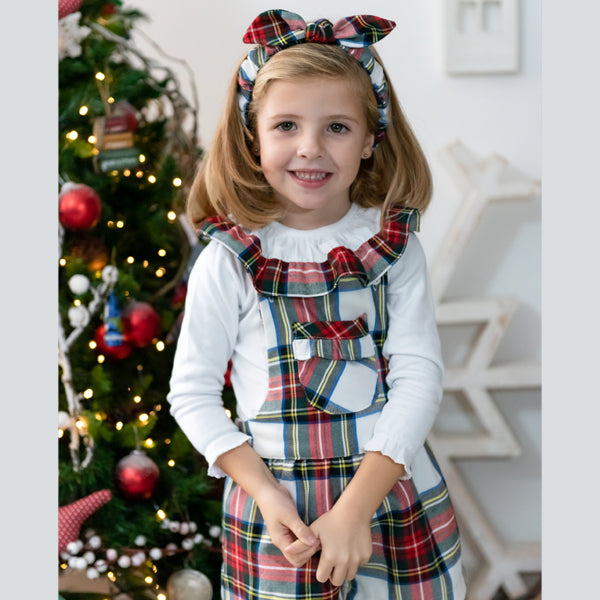 Jardineira tartan branco menina