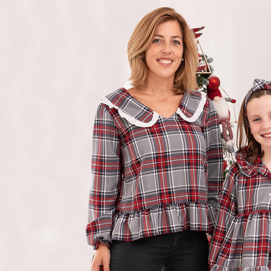 Túnica senhora folhos tartan cinza