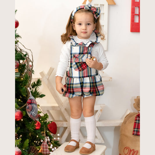 Jardineira tartan branco bebé menina