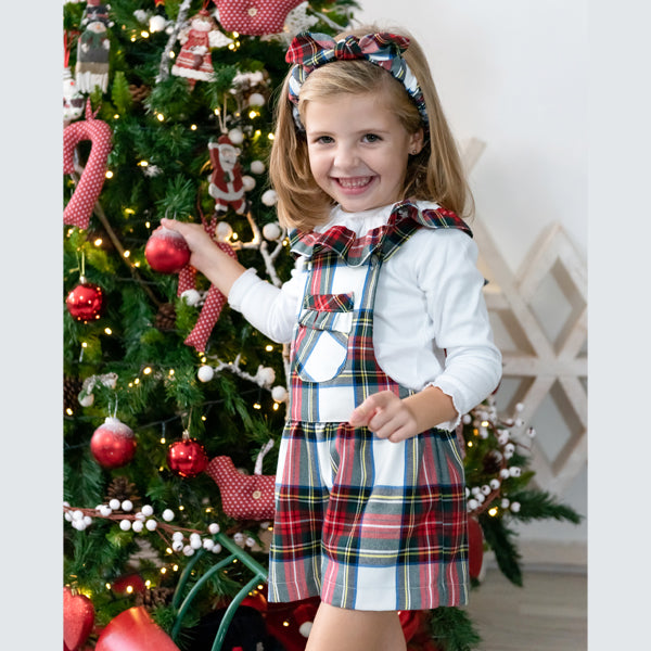 Camisola de gola xadrez branco- Jardineira Menina
